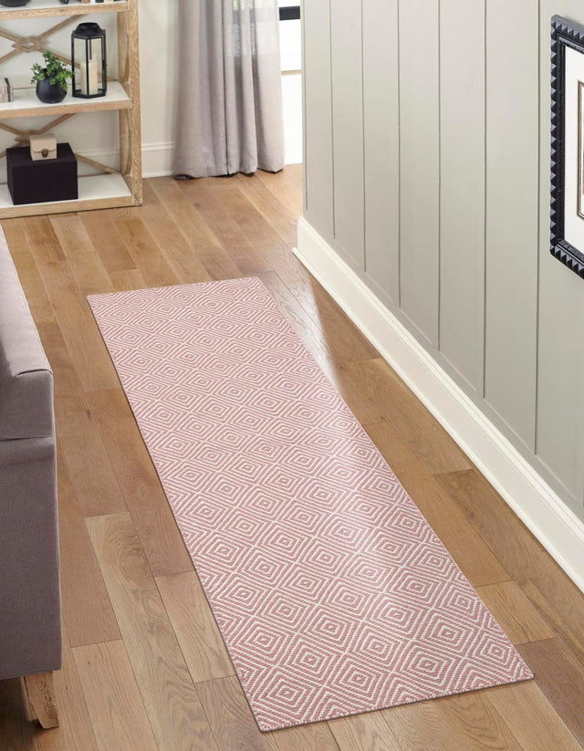 Pink 2' x 8' Geo Trellis Flatweave Runner Area Rug 80% Wool & 20% Cotton Natural Geometric Carpet for Living, Office, Dining, Dorms for Sale at Rug Engine