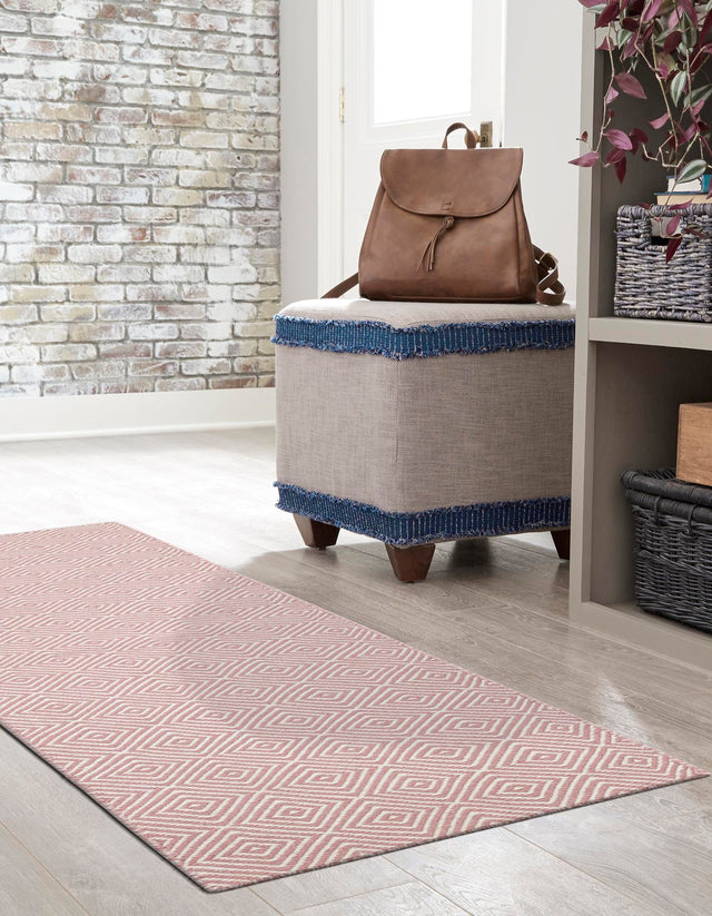 Pink 2' x 6' 1 Geo Trellis Flatweave Runner Area Rug 80% Wool & 20% Cotton Natural Geometric Carpet for Living, Office, Dining, Dorms for Sale at Rug Engine