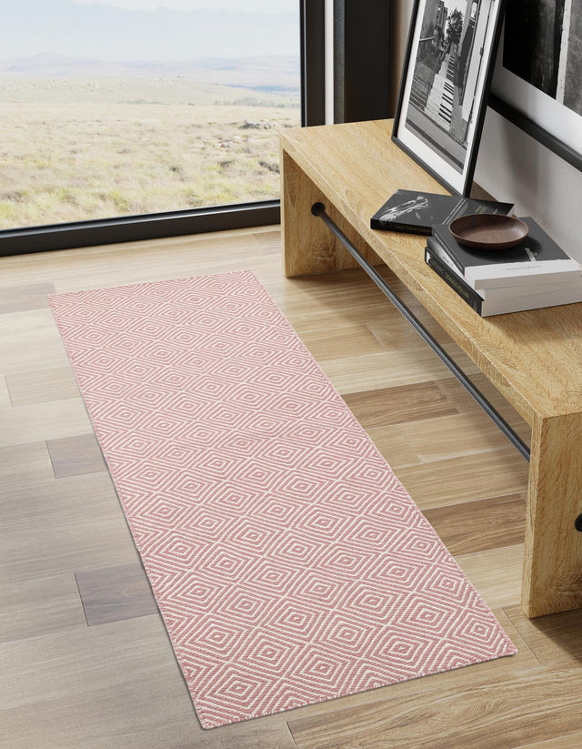 Pink 2' x 6' 1 Geo Trellis Flatweave Runner Area Rug 80% Wool & 20% Cotton Natural Geometric Carpet for Living, Office, Dining, Dorms for Sale at Rug Engine
