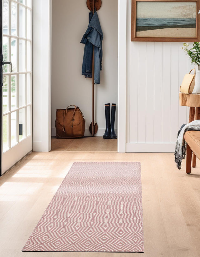 Pink 2' x 8' Geo Trellis Flatweave Runner Area Rug 80% Wool & 20% Cotton Natural Geometric Carpet for Living, Office, Dining, Dorms for Sale at Rug Engine