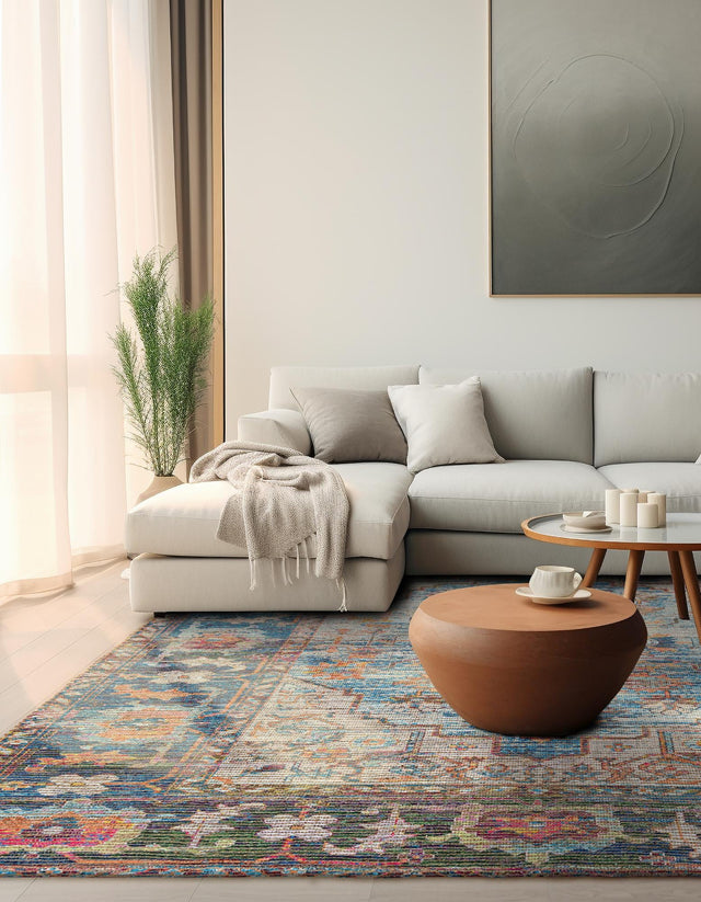 Multicolor 7' 10 x 7' 10 Chenille Jute Square Area Rug Vintage Distressed Boho All Natural Eco-Friendly Sustainable Carpet for Living Dining Office Dorm Rooms for Sale at Rug Engine
