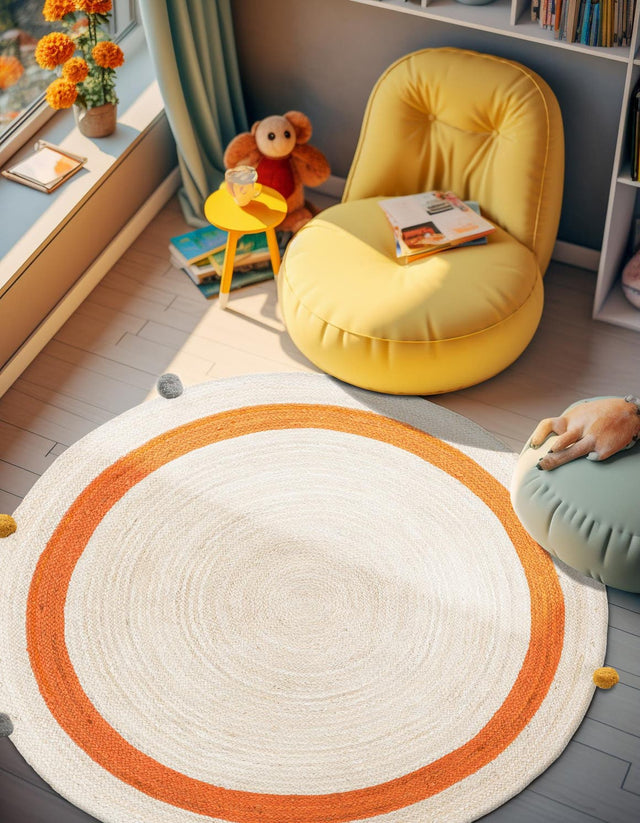 White 7' 10 x 7' 10 Kids Braided Jute Round Area Rug for Baby Nursery, Toddler Playroom, Bedrooms All Natural Eco-Friendly Sustainable Carpet for Sale at Rug Engine
