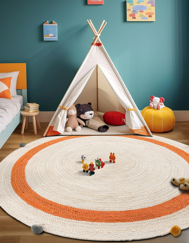 White 7' 10 x 7' 10 Kids Braided Jute Round Area Rug for Baby Nursery, Toddler Playroom, Bedrooms All Natural Eco-Friendly Sustainable Carpet for Sale at Rug Engine