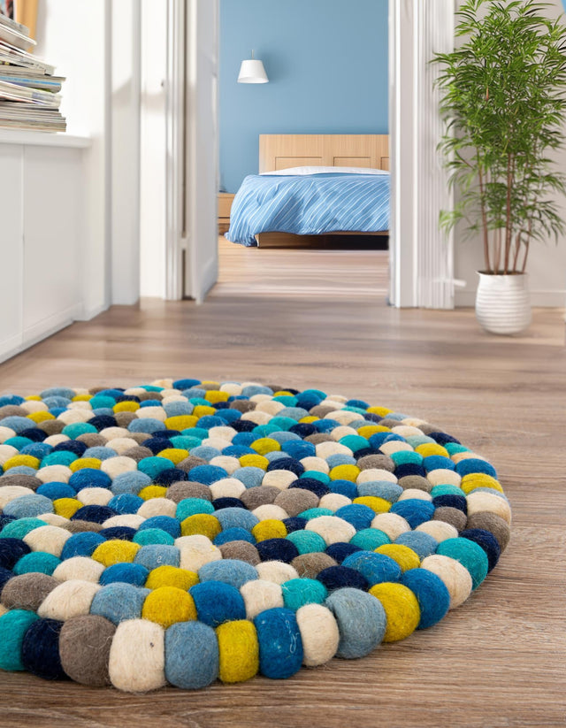Blue 6' 1 x 6' 1 Felt Ball Round Area Rug Stunning All Natural 100% Wool Luxury Hand Woven Carpet for Modern Home Interiors Soft Touch Marshmallow Rug for Sale at Rug Engine