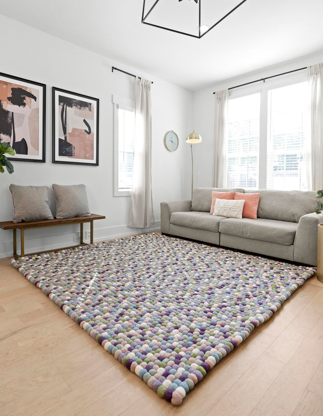 Pink and Purple 7' 10 x 7' 10 Felt Ball Square Area Rug Stunning All Natural 100% Wool Luxury Hand Woven Carpet for Modern Home Interiors Soft Touch Marshmallow Rug for Sale at Rug Engine