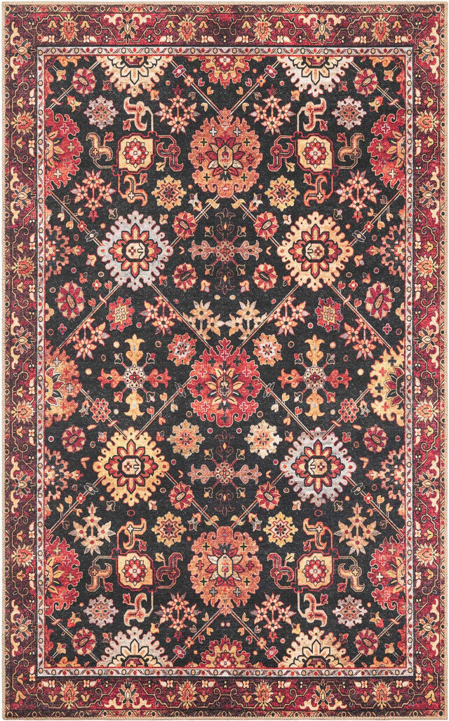 Washable Black 5' 1 x 8' Timeless Rectangle Area Rug Easy to Clean Stain Resistant & Durable Traditional Classic Vintage Design Carpet for Sale at Rug Engine