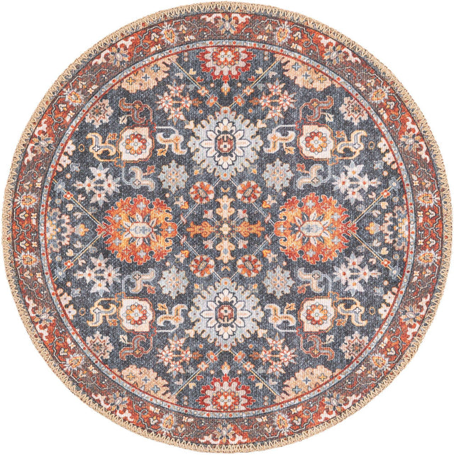 Washable Navy Blue 2' x 2' Timeless Round Area Rug Easy to Clean Stain Resistant & Durable Traditional Classic Vintage Design Carpet for Sale at Rug Engine