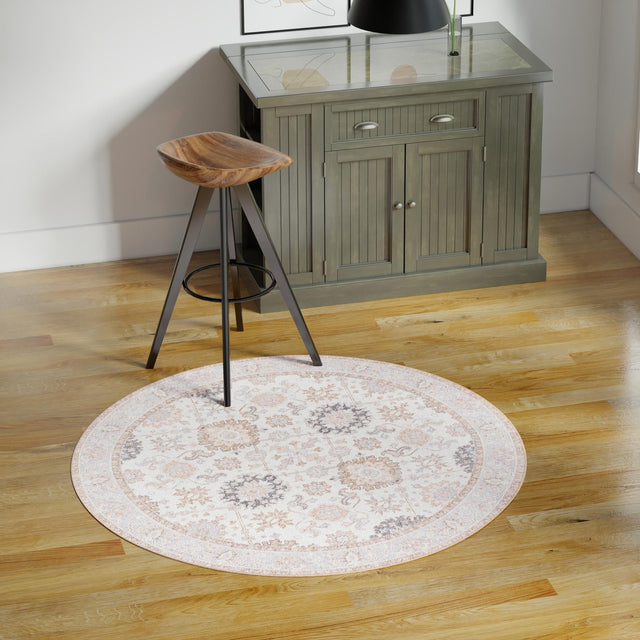 Washable Ivory 7' 10 x 7' 10 Timeless Round Area Rug Easy to Clean Stain Resistant & Durable Traditional Classic Vintage Design Carpet for Sale at Rug Engine