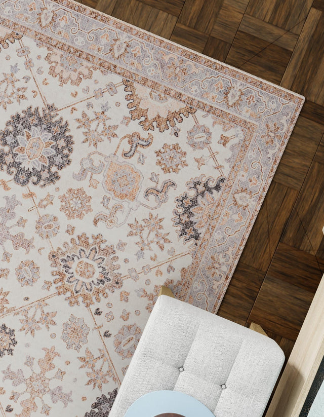 Washable Ivory 6' 1 x 9' Timeless Rectangle Area Rug Easy to Clean Stain Resistant & Durable Traditional Classic Vintage Design Carpet for Sale at Rug Engine
