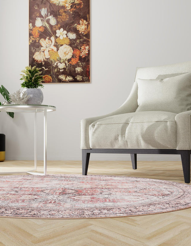 Washable Antique Red 5' 1 x 5' 1 Timeless Round Area Rug Easy to Clean Stain Resistant & Durable Traditional Classic Vintage Design Carpet for Sale at Rug Engine
