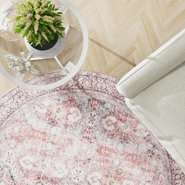 Washable Antique Red 2' x 2' Timeless Round Area Rug Easy to Clean Stain Resistant & Durable Traditional Classic Vintage Design Carpet for Sale at Rug Engine