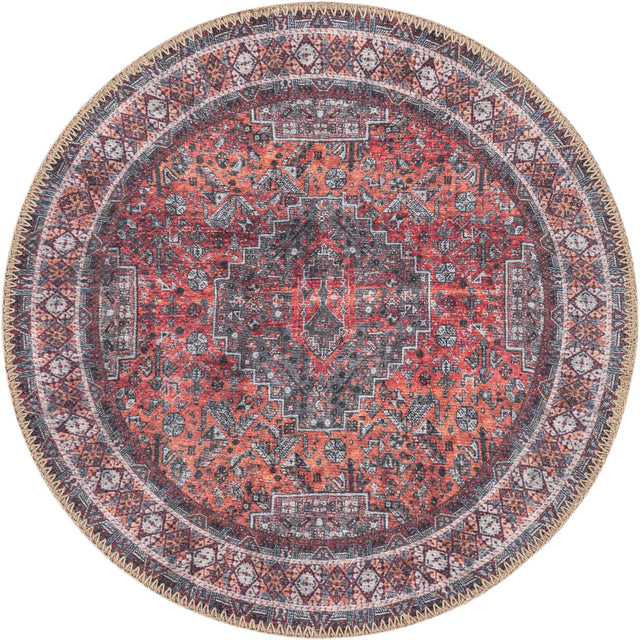 Washable Rust Red 2' x 2' Timeless Round Area Rug Easy to Clean Stain Resistant & Durable Traditional Classic Vintage Design Carpet for Sale at Rug Engine