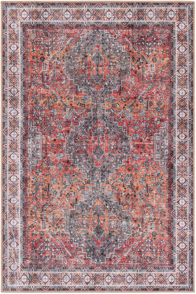 Washable Rust Red 4' 1 x 6' 1 Timeless Rectangle Area Rug Easy to Clean Stain Resistant & Durable Traditional Classic Vintage Design Carpet for Sale at Rug Engine