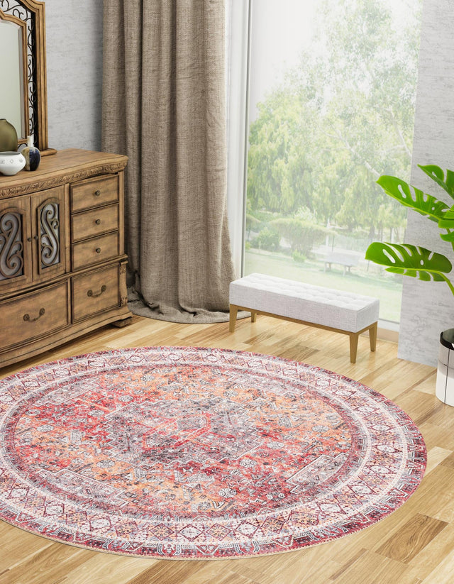 Washable Rust Red 3' 6 x 3' 6 Timeless Round Area Rug Easy to Clean Stain Resistant & Durable Traditional Classic Vintage Design Carpet for Sale at Rug Engine