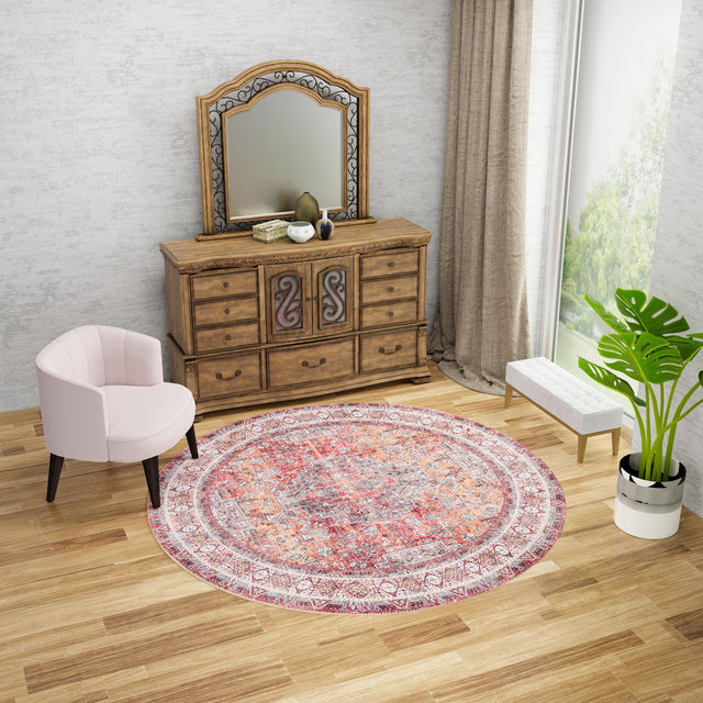 Washable Rust Red 2' x 2' Timeless Round Area Rug Easy to Clean Stain Resistant & Durable Traditional Classic Vintage Design Carpet for Sale at Rug Engine