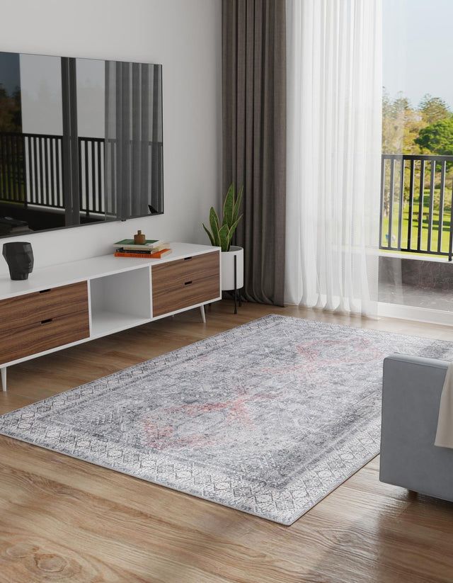 Washable Gray 6' 1 x 9' Timeless Rectangle Area Rug Easy to Clean Stain Resistant & Durable Traditional Classic Vintage Design Carpet for Sale at Rug Engine