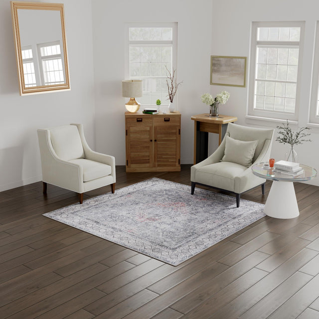 Washable Gray 7' 10 x 7' 10 Timeless Square Area Rug Easy to Clean Stain Resistant & Durable Traditional Classic Vintage Design Carpet for Sale at Rug Engine