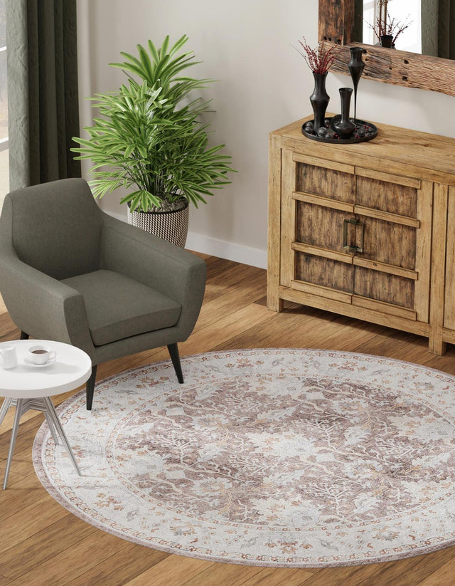Washable Almond Brown 7' 10 x 7' 10 Timeless Round Area Rug Easy to Clean Stain Resistant & Durable Traditional Classic Vintage Design Carpet for Sale at Rug Engine