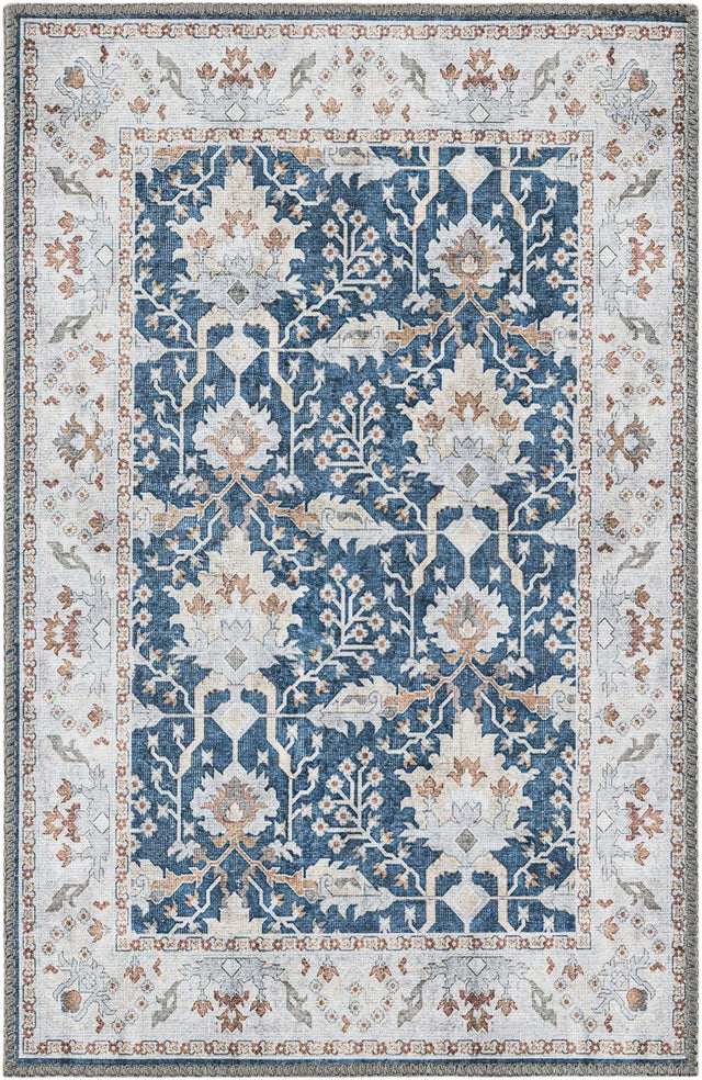 Washable Navy Blue 2' x 3' 1 Timeless Rectangle Area Rug Easy to Clean Stain Resistant & Durable Traditional Classic Vintage Design Carpet for Sale at Rug Engine