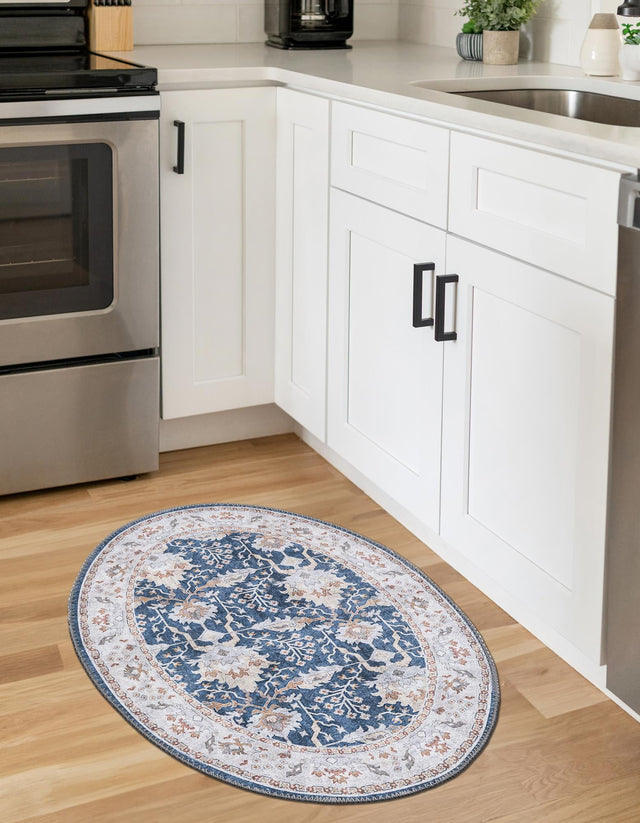 Washable Navy Blue 2' x 3' 1 Timeless Oval Area Rug Easy to Clean Stain Resistant & Durable Traditional Classic Vintage Design Carpet for Sale at Rug Engine