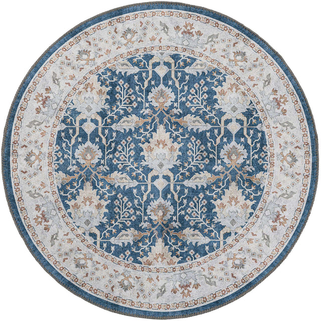 Washable Navy Blue 3' 6 x 3' 6 Timeless Round Area Rug Easy to Clean Stain Resistant & Durable Traditional Classic Vintage Design Carpet for Sale at Rug Engine
