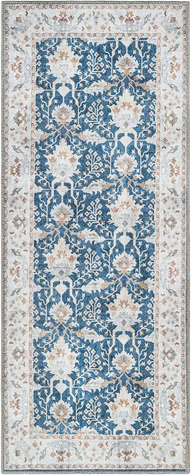 Washable Navy Blue 2' x 5' 1 Timeless Runner Area Rug Easy to Clean Stain Resistant & Durable Traditional Classic Vintage Design Carpet for Sale at Rug Engine
