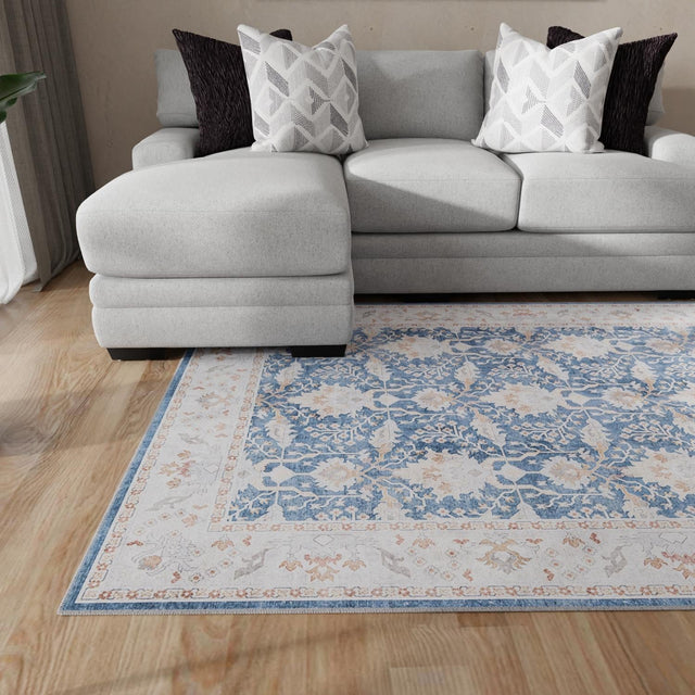 Washable Navy Blue 5' 1 x 8' Timeless Rectangle Area Rug Easy to Clean Stain Resistant & Durable Traditional Classic Vintage Design Carpet for Sale at Rug Engine