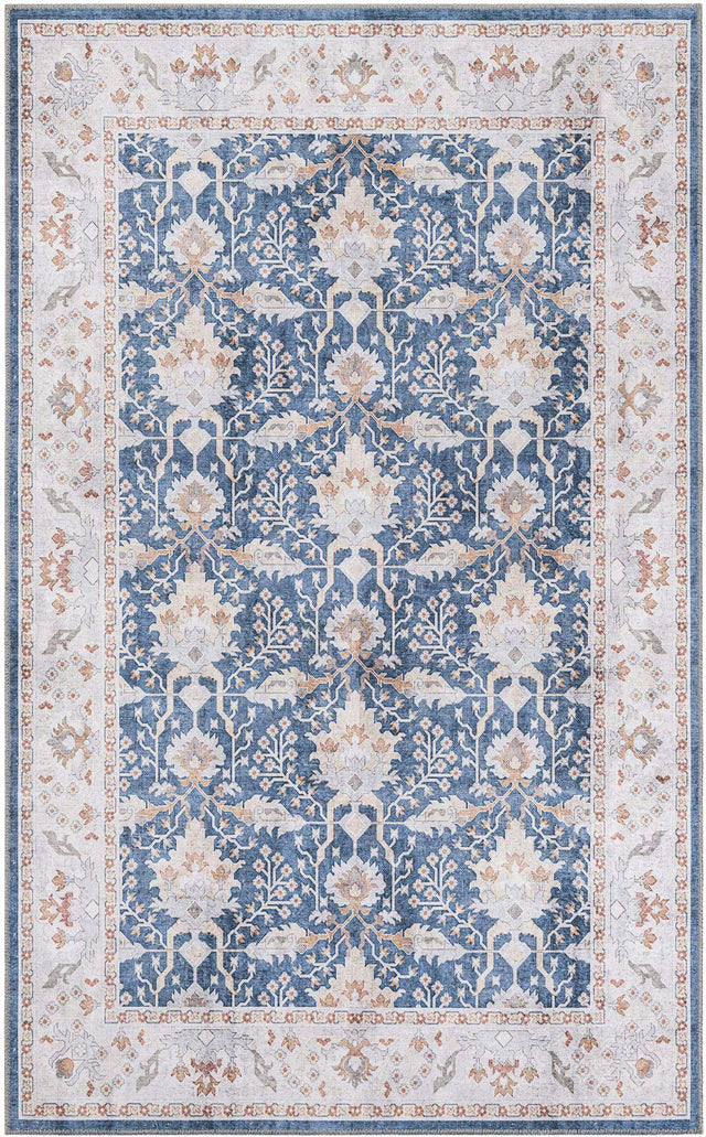 Washable Navy Blue 5' 1 x 8' Timeless Rectangle Area Rug Easy to Clean Stain Resistant & Durable Traditional Classic Vintage Design Carpet for Sale at Rug Engine