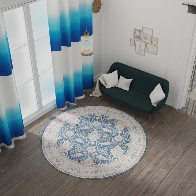 Washable Navy Blue 5' 1 x 5' 1 Timeless Round Area Rug Easy to Clean Stain Resistant & Durable Traditional Classic Vintage Design Carpet for Sale at Rug Engine