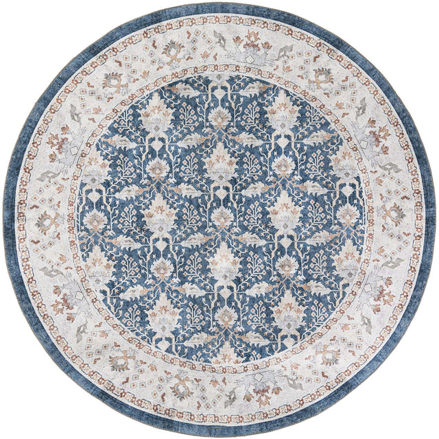 Washable Navy Blue 7' 10 x 7' 10 Timeless Round Area Rug Easy to Clean Stain Resistant & Durable Traditional Classic Vintage Design Carpet for Sale at Rug Engine