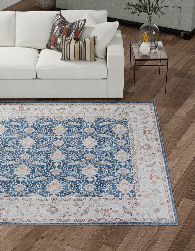 Washable Navy Blue 7' 10 x 7' 10 Timeless Square Area Rug Easy to Clean Stain Resistant & Durable Traditional Classic Vintage Design Carpet for Sale at Rug Engine