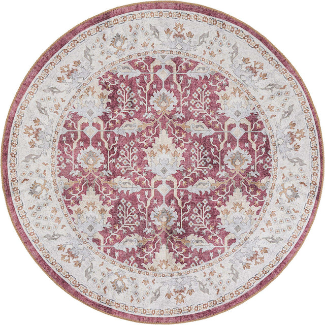 Washable Burgundy Red 5' 1 x 5' 1 Timeless Round Area Rug Easy to Clean Stain Resistant & Durable