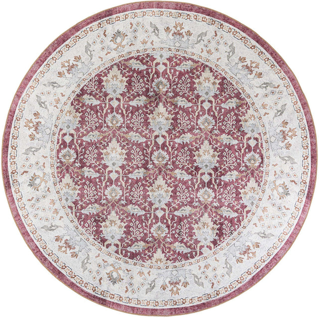 Washable Burgundy Red 7' 10 x 7' 10 Timeless Round Area Rug Easy to Clean Stain Resistant & Durable Traditional Classic Vintage Design Carpet for Sale at Rug Engine