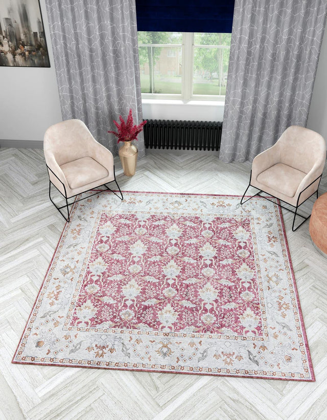 Washable Burgundy Red 7' 10 x 7' 10 Timeless Square Area Rug Easy to Clean Stain Resistant & Durable Traditional Classic Vintage Design Carpet for Sale at Rug Engine