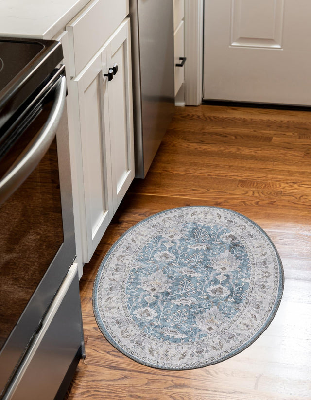 Washable Teal blue 2' x 3' 1 Timeless Oval Area Rug Easy to Clean Stain Resistant & Durable Traditional Classic Vintage Design Carpet for Sale at Rug Engine