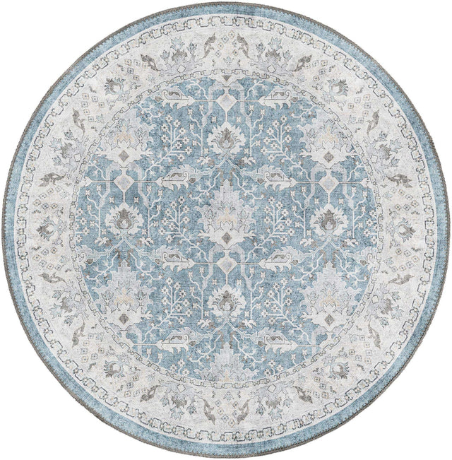 Washable Teal blue 3' 6 x 3' 6 Timeless Round Area Rug Easy to Clean Stain Resistant & Durable Traditional Classic Vintage Design Carpet for Sale at Rug Engine