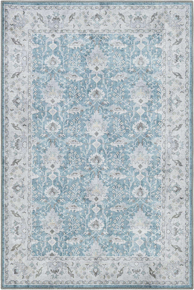 Washable Teal blue 4' 1 x 6' 1 Timeless Rectangle Area Rug Easy to Clean Stain Resistant & Durable Traditional Classic Vintage Design Carpet for Sale at Rug Engine