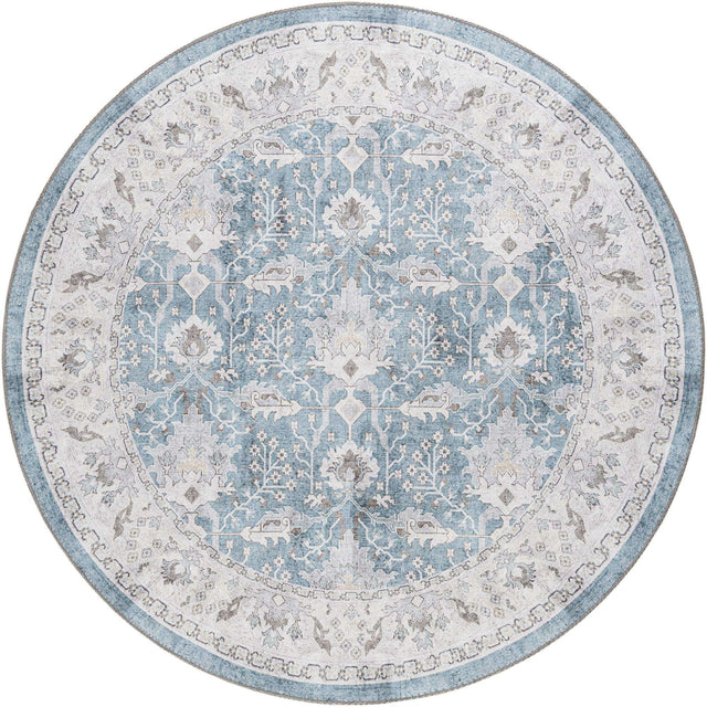 Washable Teal blue 5' 1 x 5' 1 Timeless Round Area Rug Easy to Clean Stain Resistant & Durable Traditional Classic Vintage Design Carpet for Sale at Rug Engine