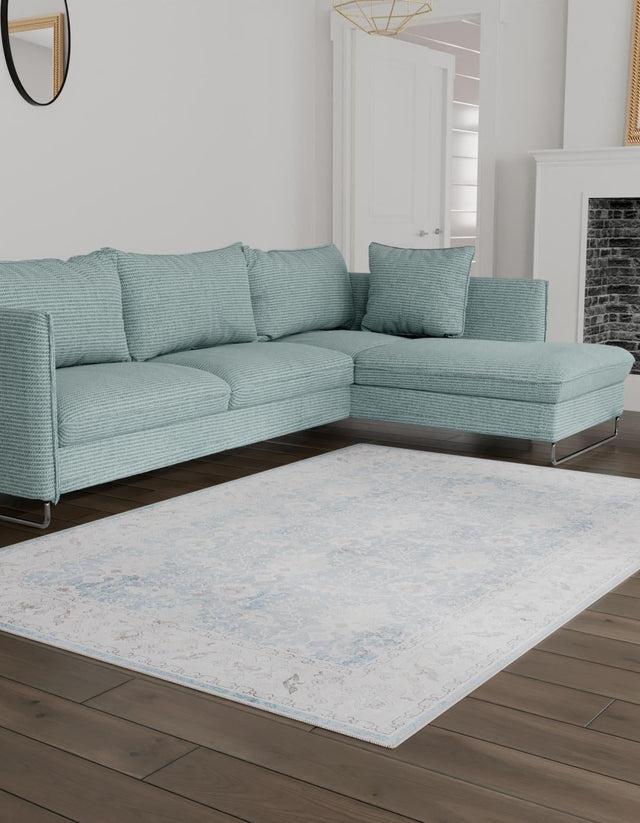 Washable Teal blue 4' 1 x 6' 1 Timeless Rectangle Area Rug Easy to Clean Stain Resistant & Durable Traditional Classic Vintage Design Carpet for Sale at Rug Engine