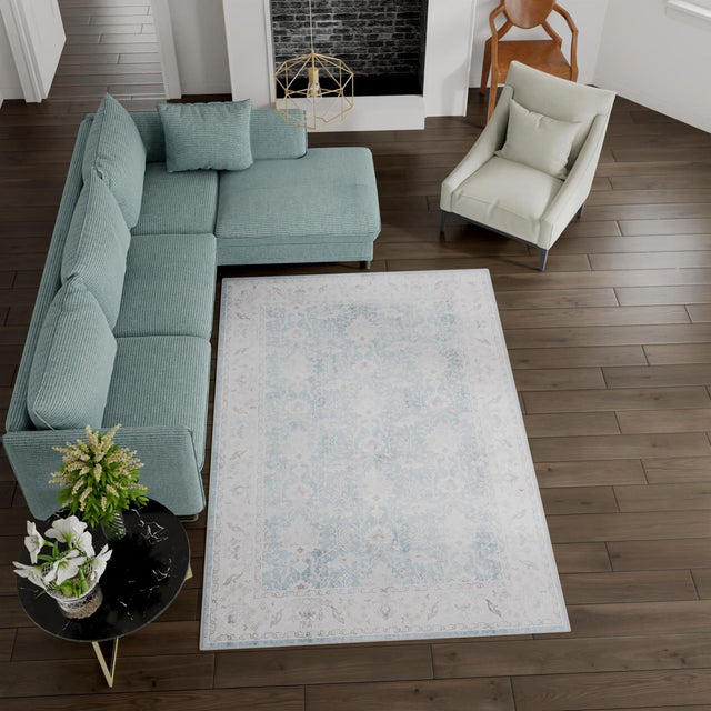 Washable Teal blue 8' 4 x 12' Timeless Rectangle Area Rug Easy to Clean Stain Resistant & Durable Traditional Classic Vintage Design Carpet for Sale at Rug Engine