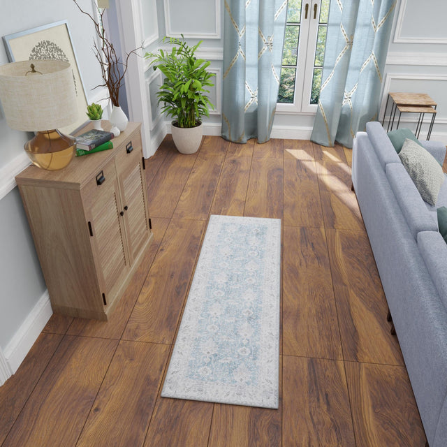 Washable Teal blue 2' 7 x 12' Timeless Runner Area Rug Easy to Clean Stain Resistant & Durable Traditional Classic Vintage Design Carpet for Sale at Rug Engine