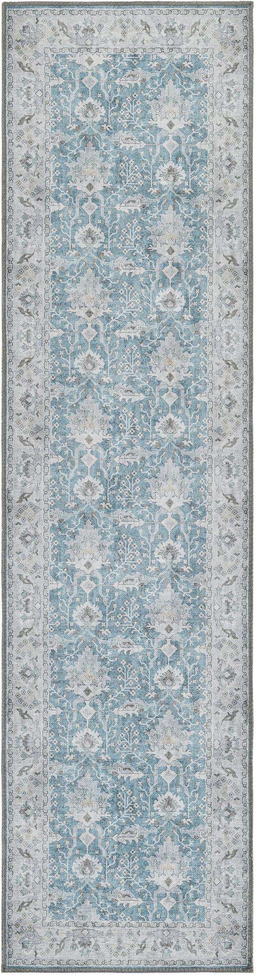 Washable Teal blue 2' x 8' Timeless Runner Area Rug Easy to Clean Stain Resistant & Durable Traditional Classic Vintage Design Carpet for Sale at Rug Engine