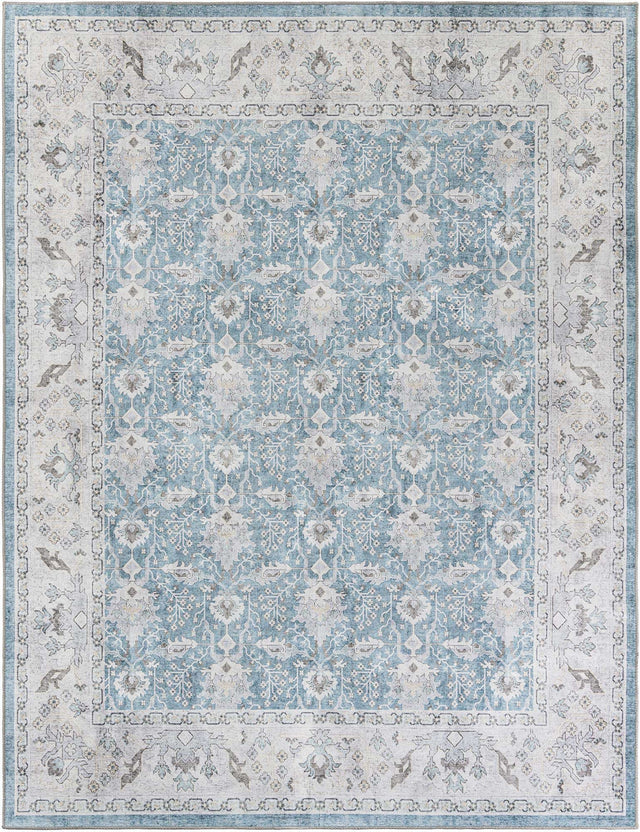 Washable Teal blue 7' 10 x 10' Timeless Rectangle Area Rug Easy to Clean Stain Resistant & Durable Traditional Classic Vintage Design Carpet for Sale at Rug Engine