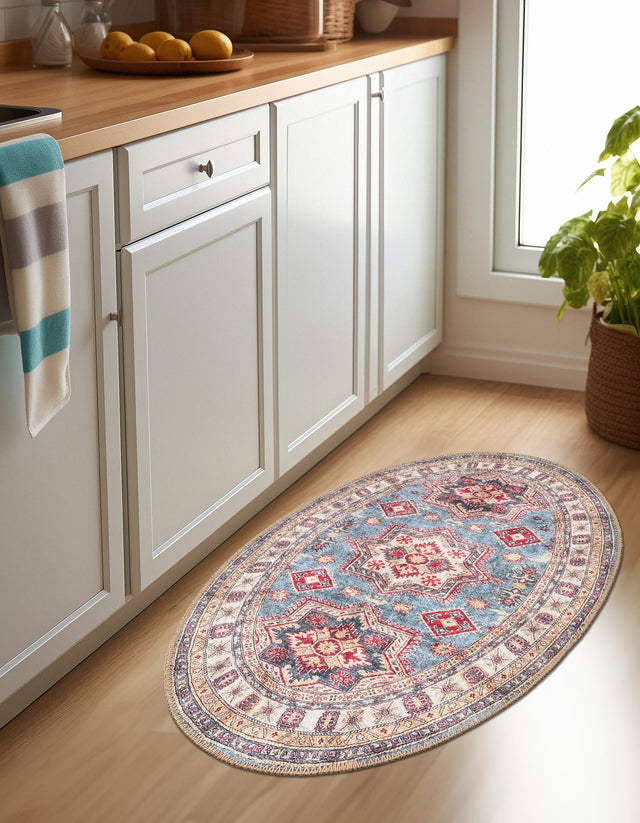 Washable Light Blue 2' x 3' 1 Timeless Oval Area Rug Easy to Clean Stain Resistant & Durable Traditional Classic Vintage Design Carpet for Sale at Rug Engine