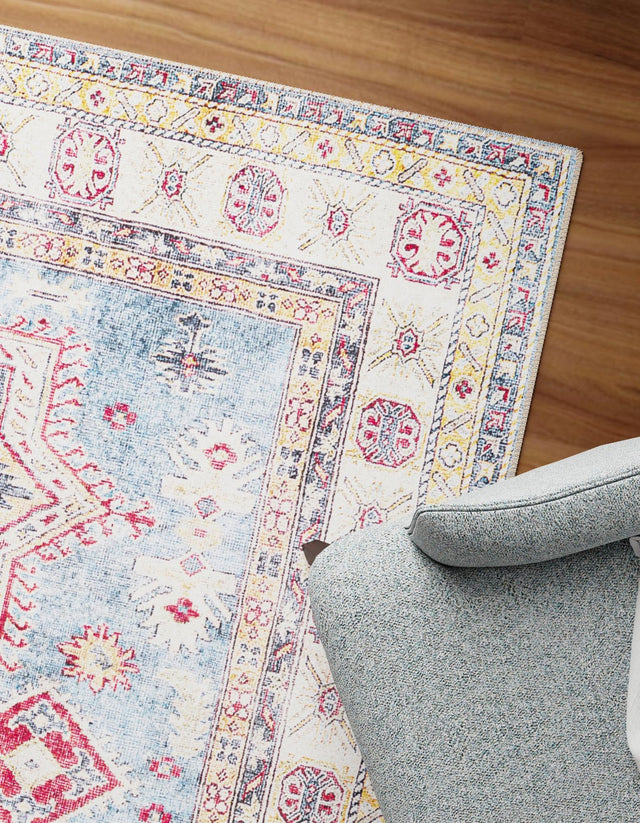 Washable Light Blue 4' 1 x 6' 1 Timeless Rectangle Area Rug Easy to Clean Stain Resistant & Durable Traditional Classic Vintage Design Carpet for Sale at Rug Engine