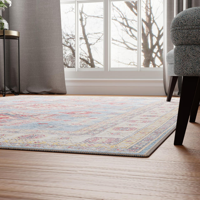 Washable Light Blue 6' 1 x 9' Timeless Rectangle Area Rug Easy to Clean Stain Resistant & Durable Traditional Classic Vintage Design Carpet for Sale at Rug Engine