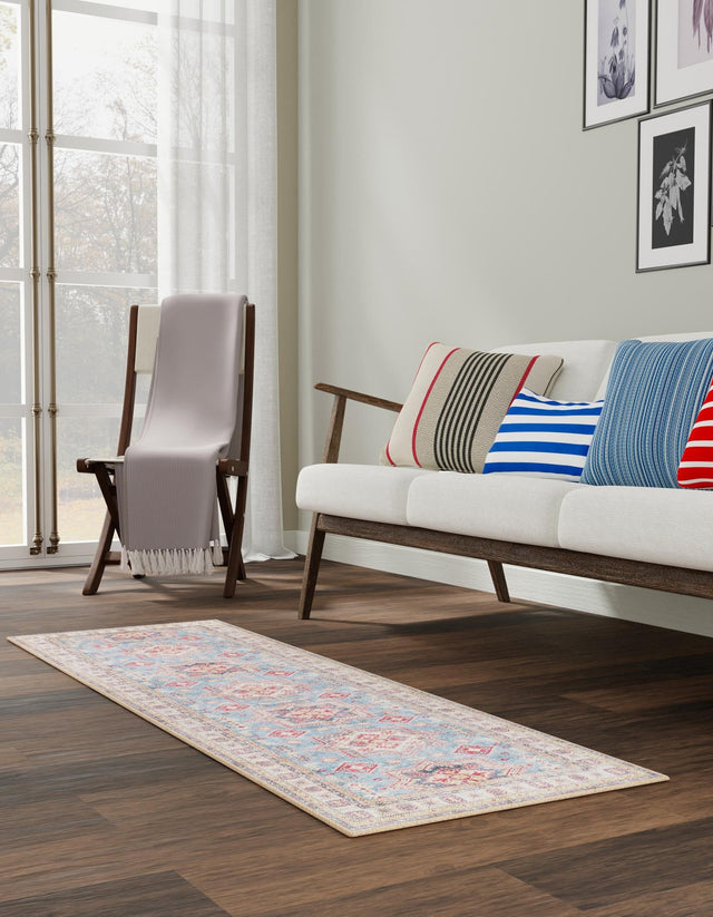 Washable Light Blue 2' x 8' Timeless Runner Area Rug Easy to Clean Stain Resistant & Durable Traditional Classic Vintage Design Carpet for Sale at Rug Engine