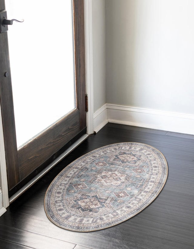 Washable Soft Green 2' x 3' 1 Timeless Oval Area Rug Easy to Clean Stain Resistant & Durable Traditional Classic Vintage Design Carpet for Sale at Rug Engine