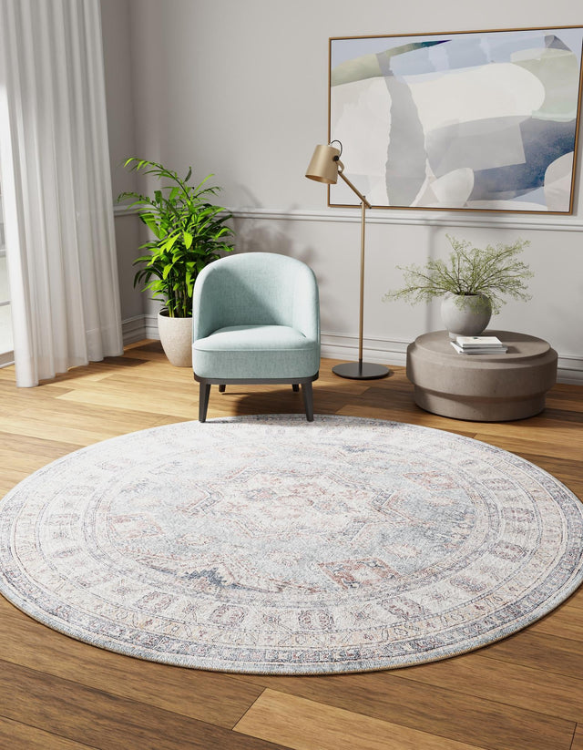 Washable Soft Green 7' 10 x 7' 10 Timeless Round Area Rug Easy to Clean Stain Resistant & Durable Traditional Classic Vintage Design Carpet for Sale at Rug Engine