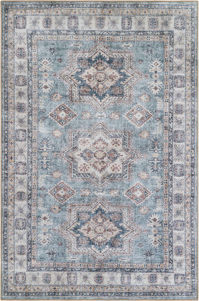 Washable Soft Green 6' 1 x 9' Timeless Rectangle Area Rug Easy to Clean Stain Resistant & Durable Traditional Classic Vintage Design Carpet for Sale at Rug Engine